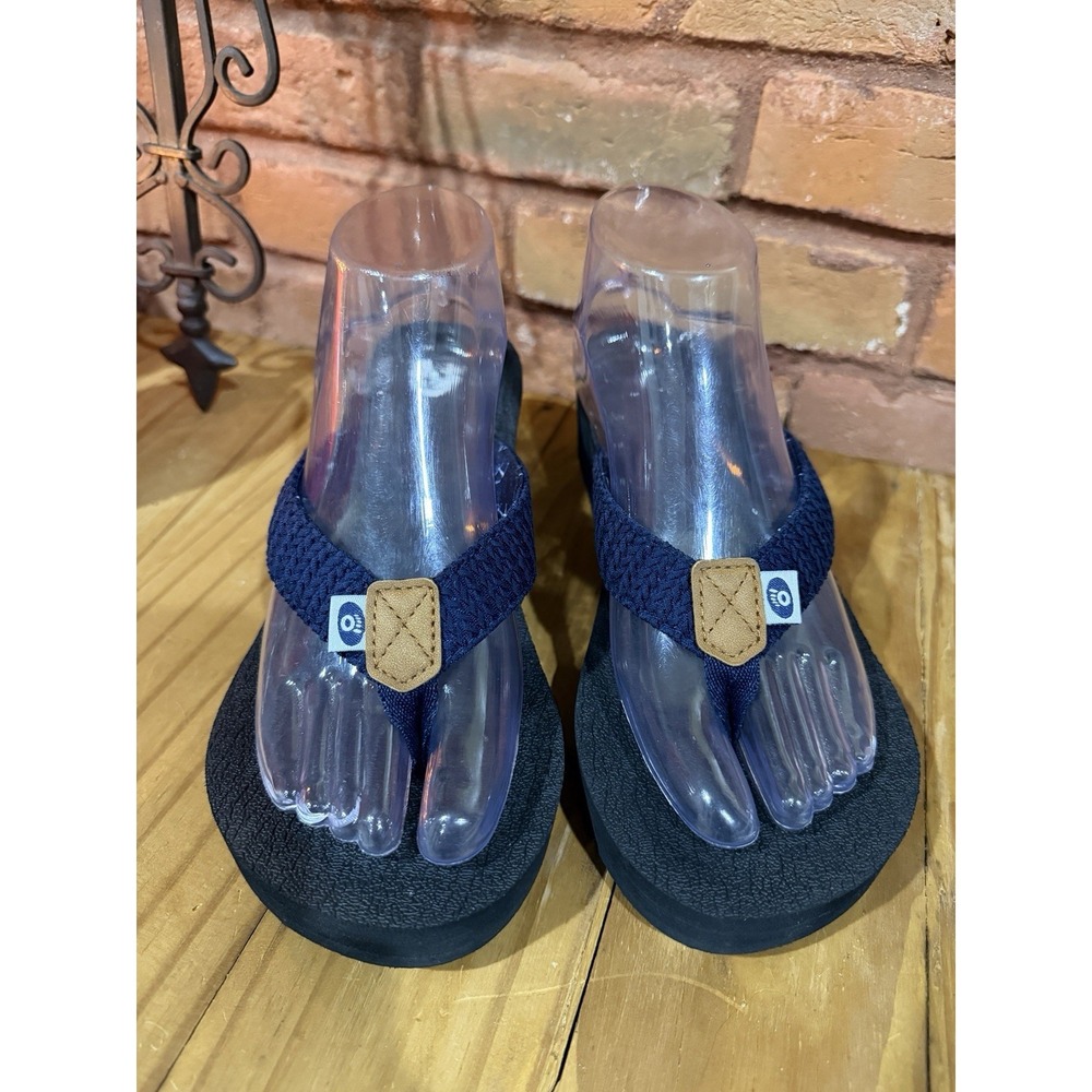 Floopi Womens 10 Comfort Thong Flip Flop Sandals Cushion Navy Blue Woven Wedge
